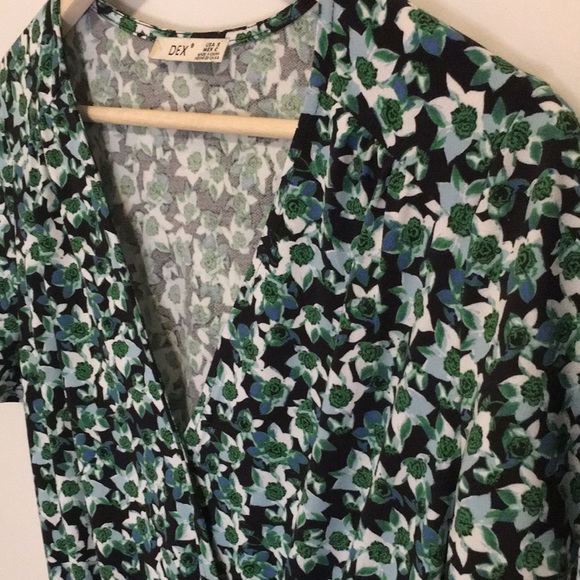 Dex Floral Ruffled Mini Dress Teal Blue Short Sleeve V Neck - Picture 2 of 8